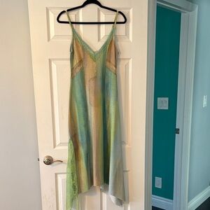 Slip Midi Dress in Green and Blue Tonal Stripe